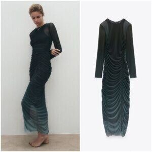 Zara Green to Teal Ombre Ankle Length Mesh Overlay Dress | Size XS